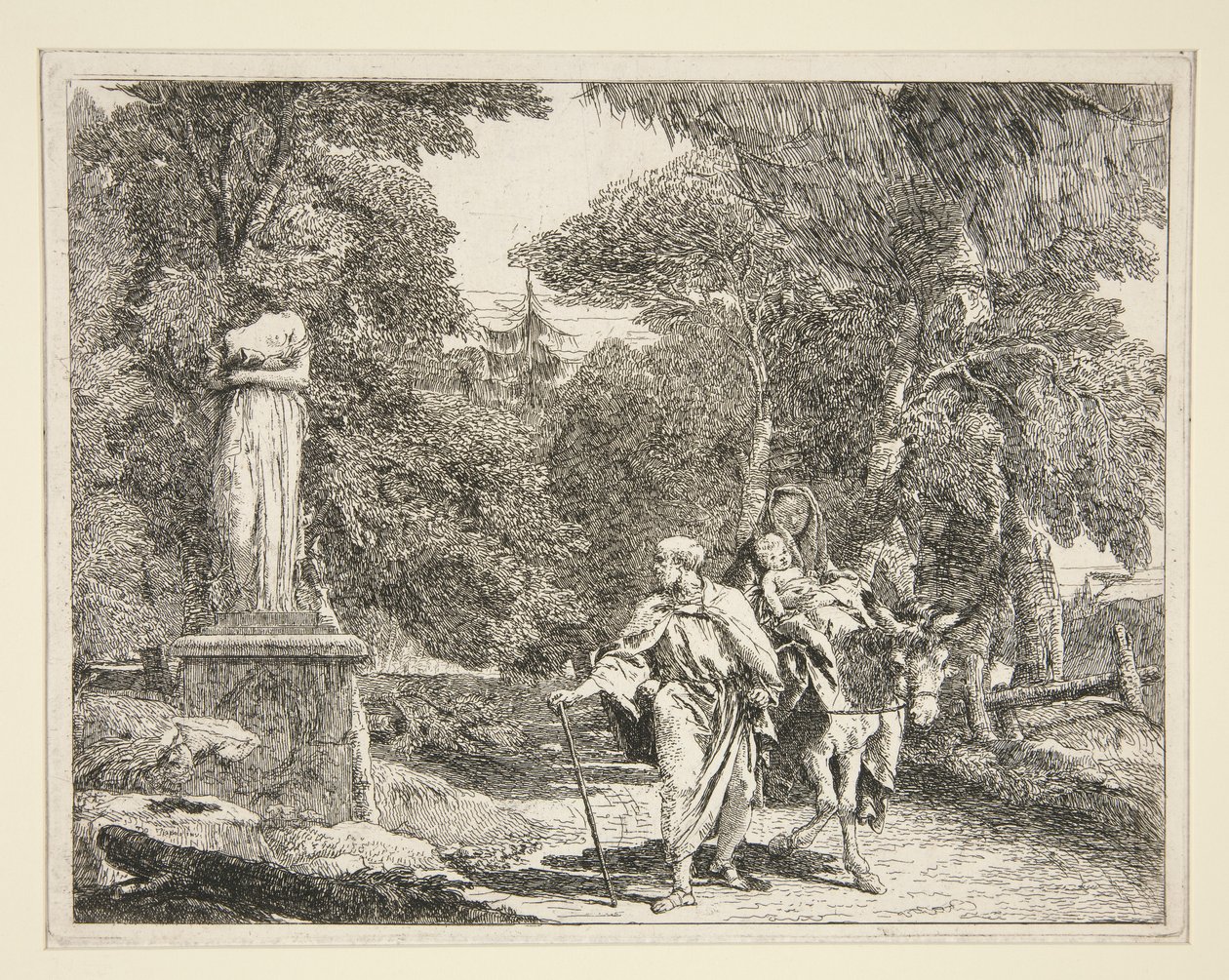 La Sagrada Familia pasando cerca de una estatua, de la serie Idee pittoresche sopra la fuga en Egitto (Huida a Egipto) de Giovanni Domenico Tiepolo