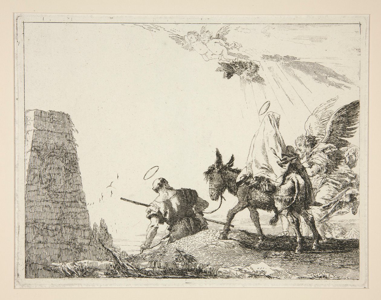 La Sagrada Familia pasando una pirámide, de la serie Idee pittoresche sopra la fuga en Egitto (Huida a Egipto) de Giovanni Domenico Tiepolo