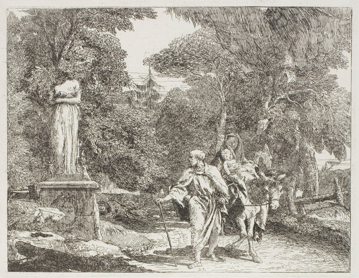 La Sagrada Familia pasando una estatua, cuya cabeza cae al suelo, lámina 22 de La huida a Egipto de Giovanni Domenico Tiepolo