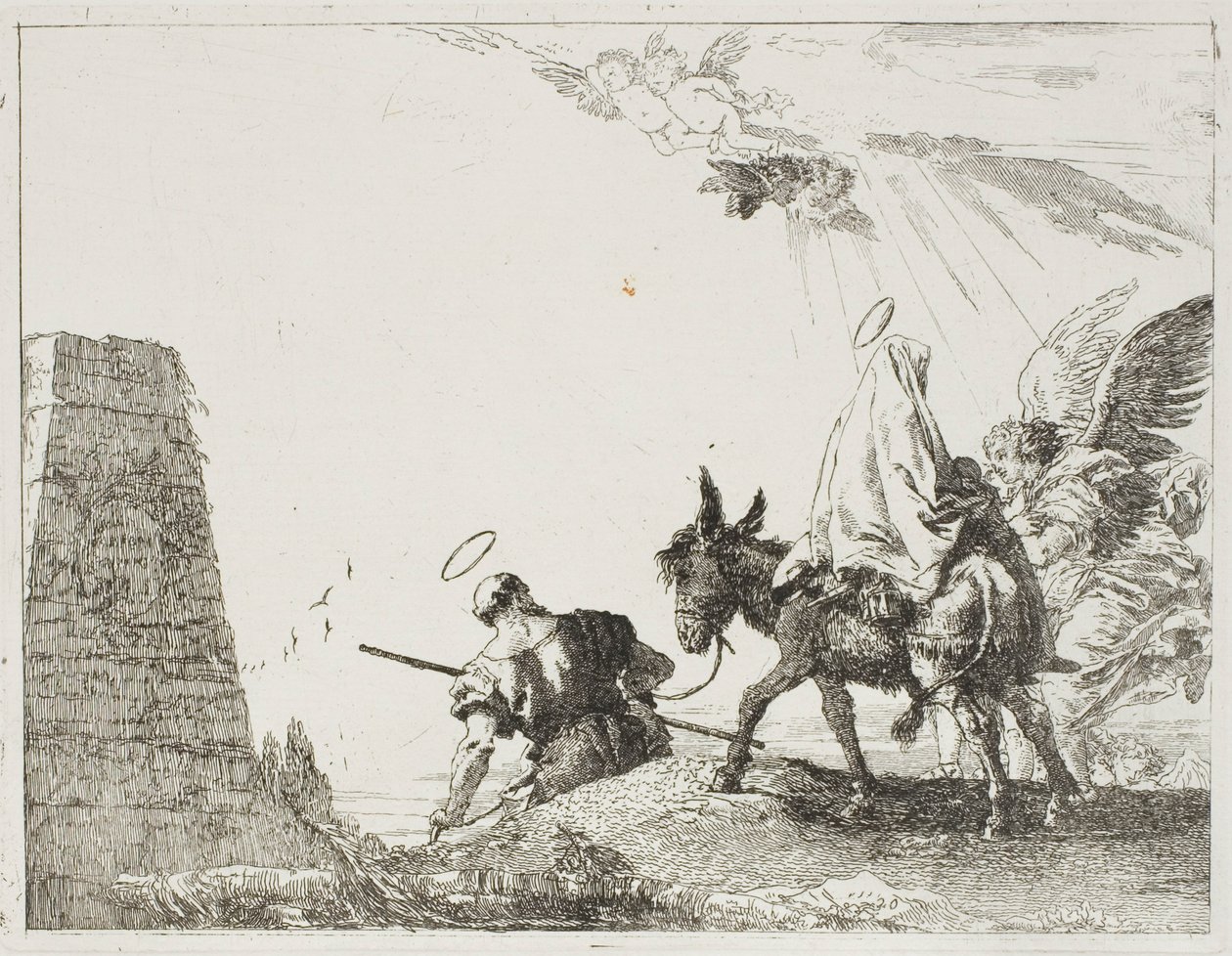 La Sagrada Familia pasando por una pirámide, lámina veinte de La huida a Egipto de Giovanni Domenico Tiepolo