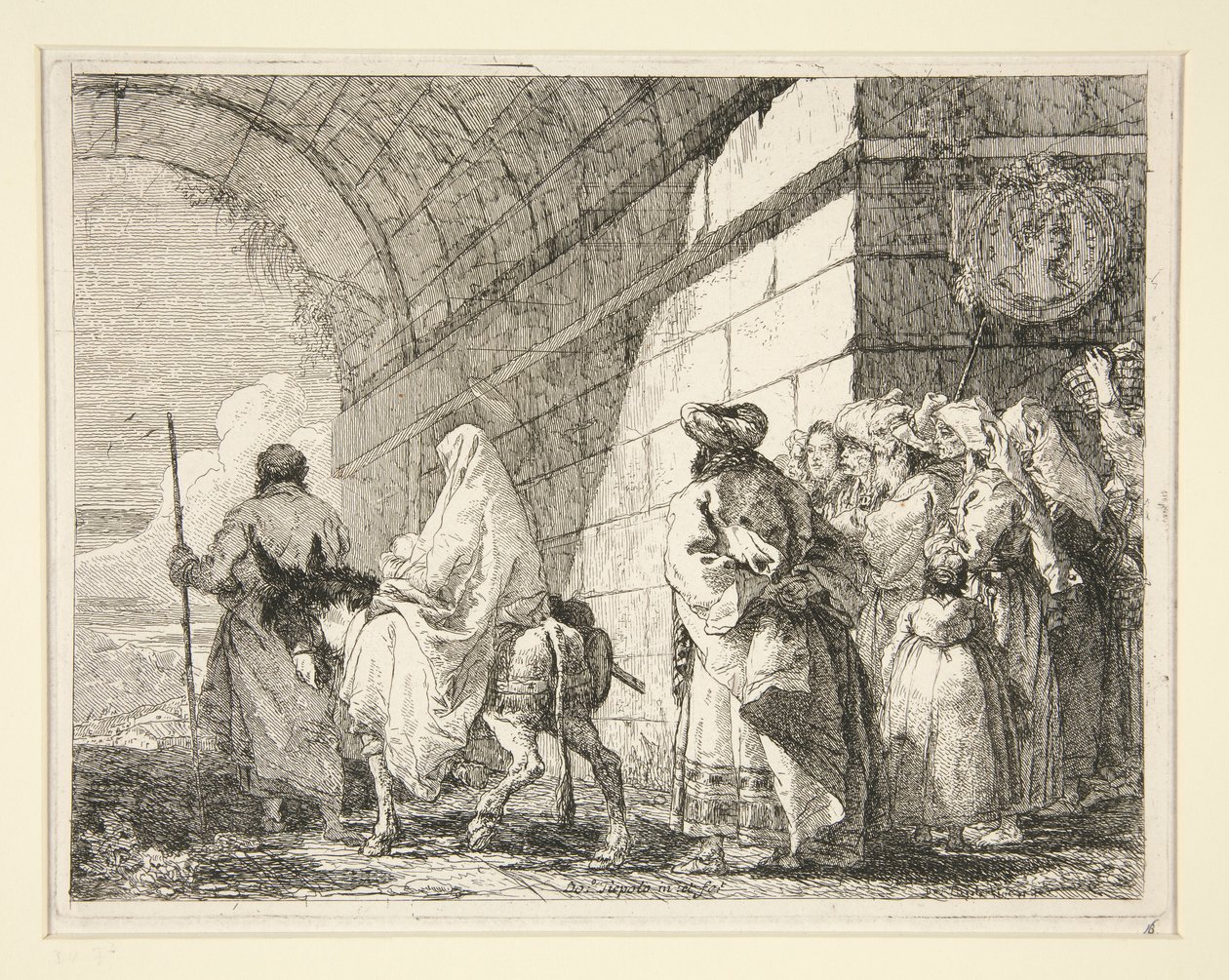 La Sagrada Familia pasando bajo un arco, saliendo por una puerta de la ciudad, de la serie Idee pittoresche sopra la fuga en Egitto (Huida a Egipto) de Giovanni Domenico Tiepolo
