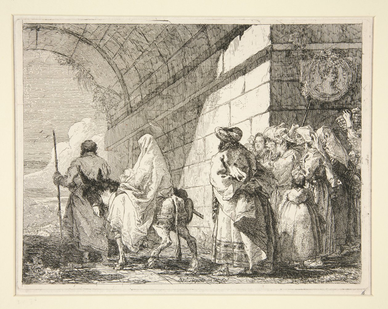 La Sagrada Familia pasando bajo un arco, saliendo por una puerta de la ciudad, de la serie «Idee pittoresche sopra la fuga in Egitto» (La huida a Egipto) de Giovanni Domenico Tiepolo