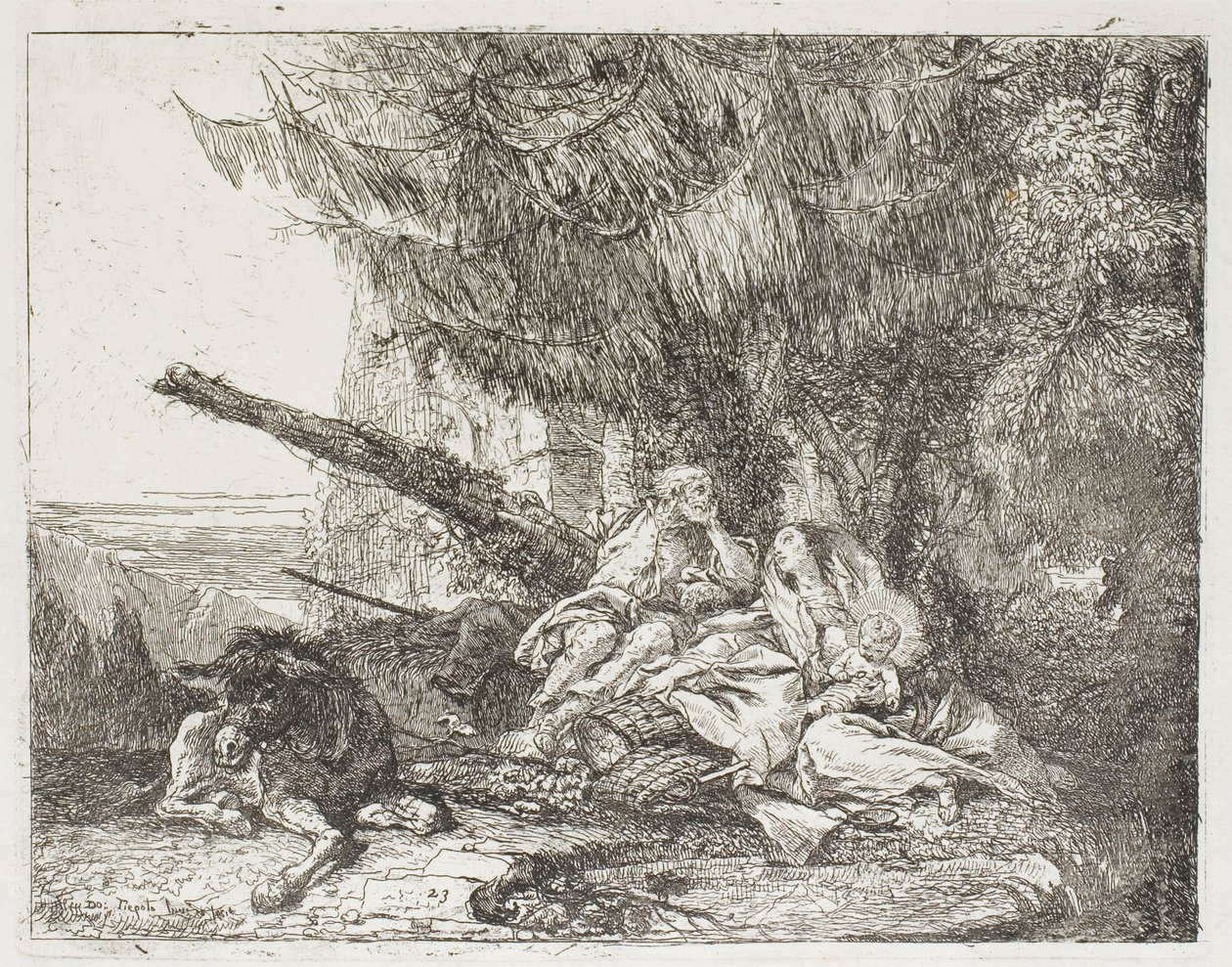 La Sagrada Familia descansando en un bosque, placa 23 de La huida a Egipto de Giovanni Domenico Tiepolo