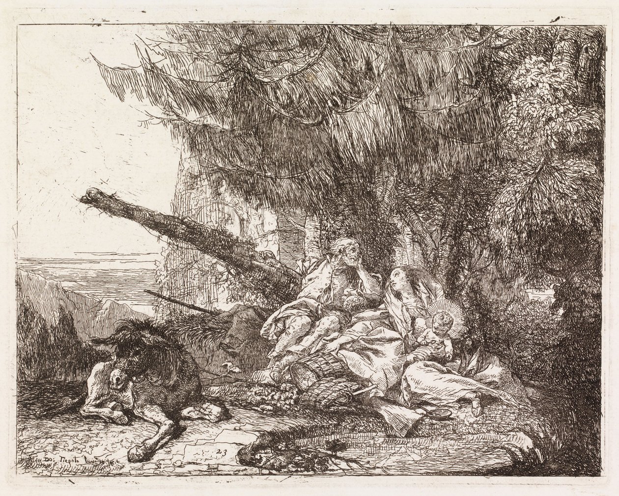 La Sagrada Familia descansando bajo un abeto (La huida a Egipto XXIII) de Giovanni Domenico Tiepolo