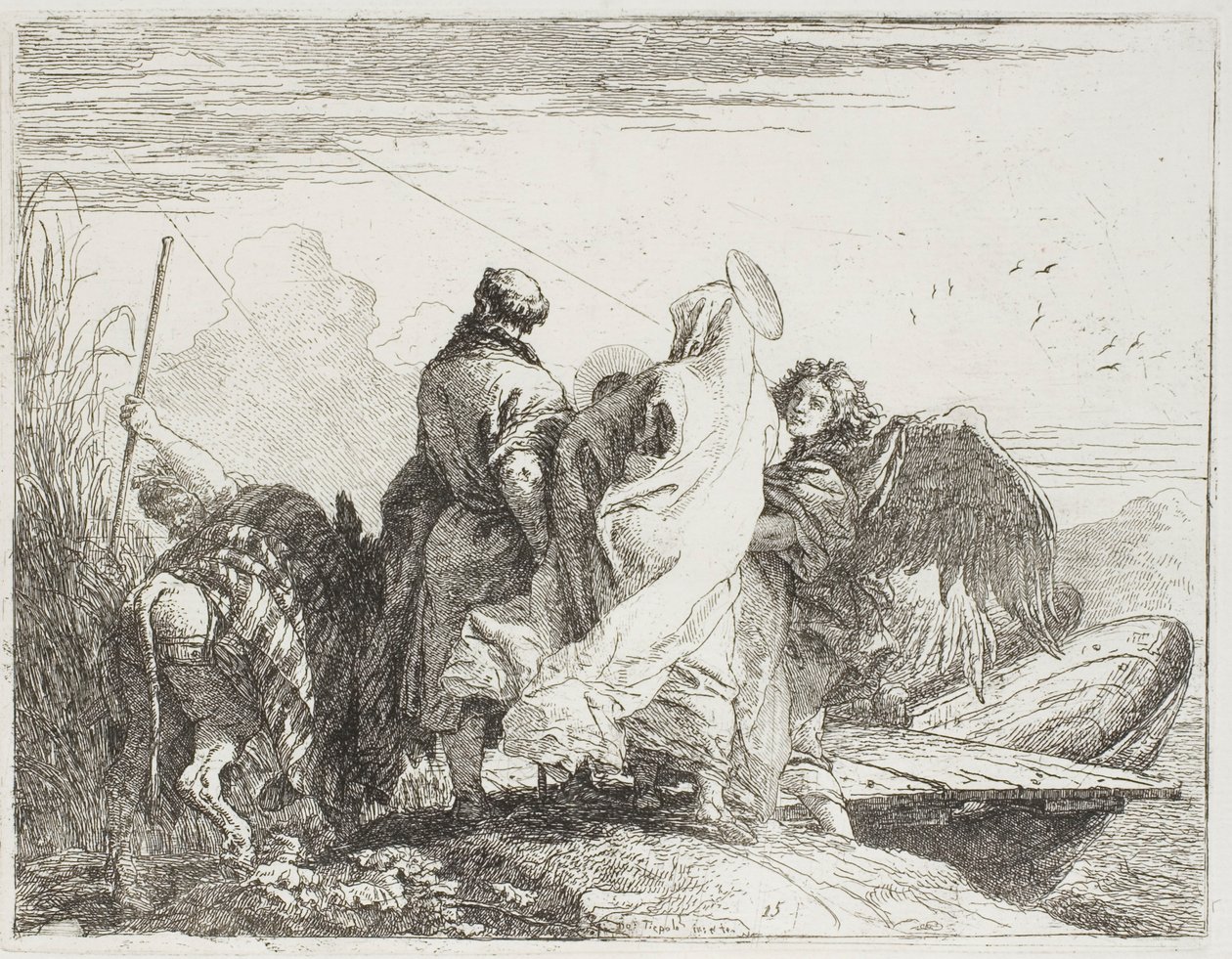 La Sagrada Familia bajando del banco, lámina quince de La huida a Egipto de Giovanni Domenico Tiepolo