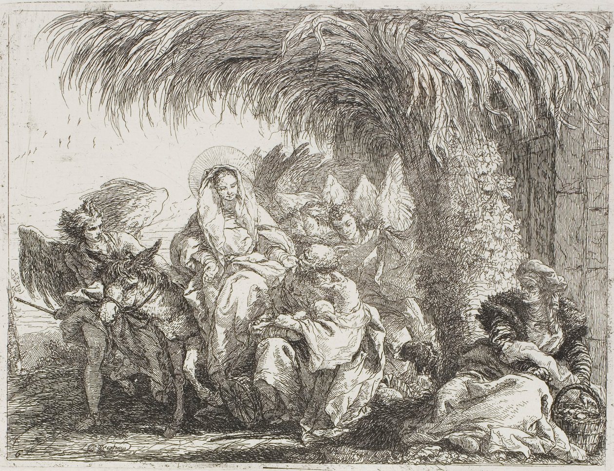 La Sagrada Familia bajo una palmera, lámina seis de La huida a Egipto de Giovanni Domenico Tiepolo