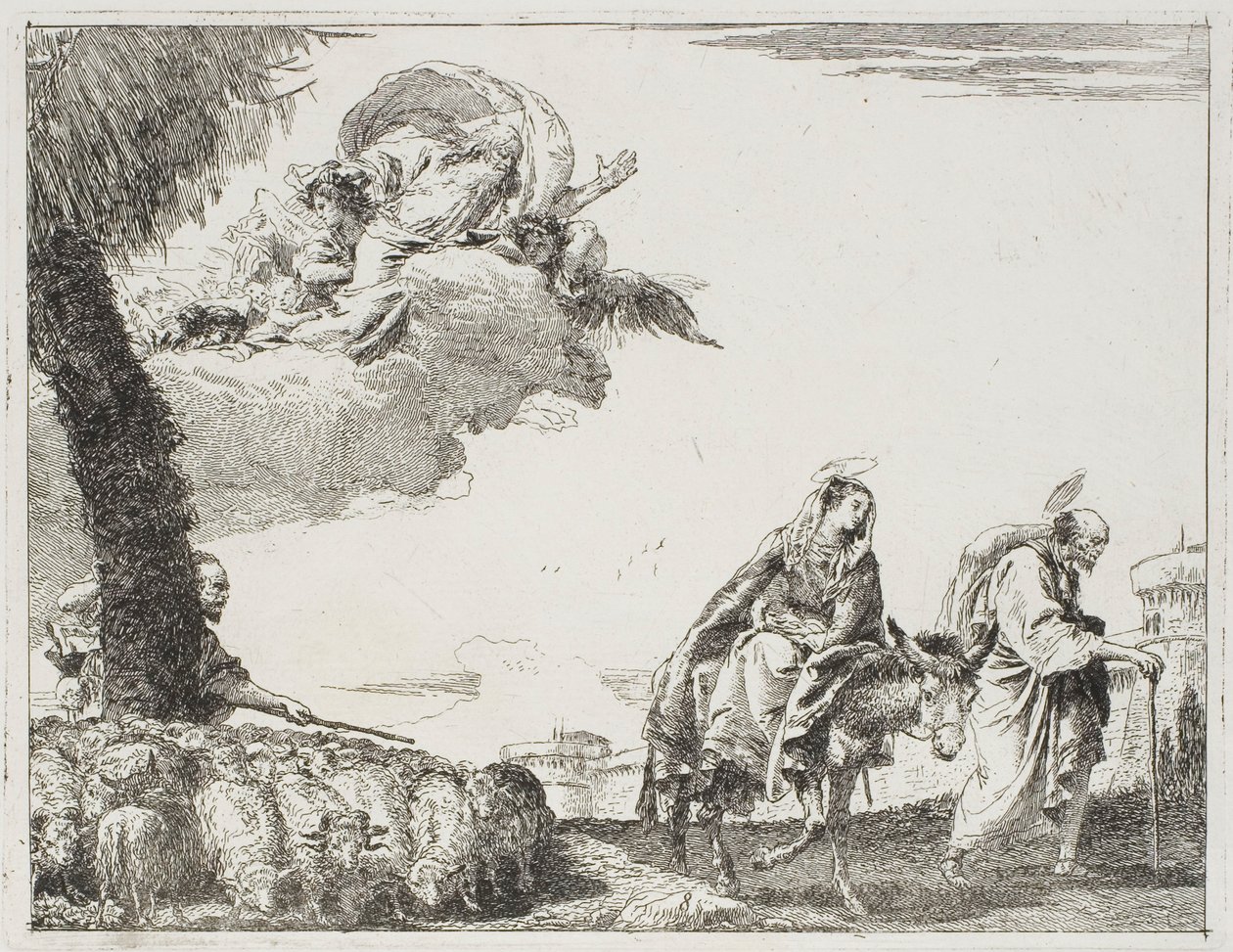 La Sagrada Familia caminando a lo largo de una muralla de la ciudad. A la izquierda, un pastor con su rebaño y Dios Padre, placa ocho de La huida a Egipto de Giovanni Domenico Tiepolo