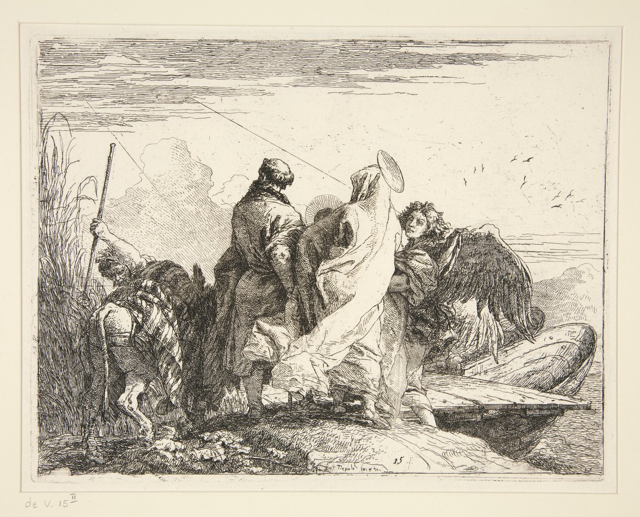 La Sagrada Familia junto a un río, de la serie Idee pittoresche sulla fuga en Egitto (Huida a Egipto) de Giovanni Domenico Tiepolo