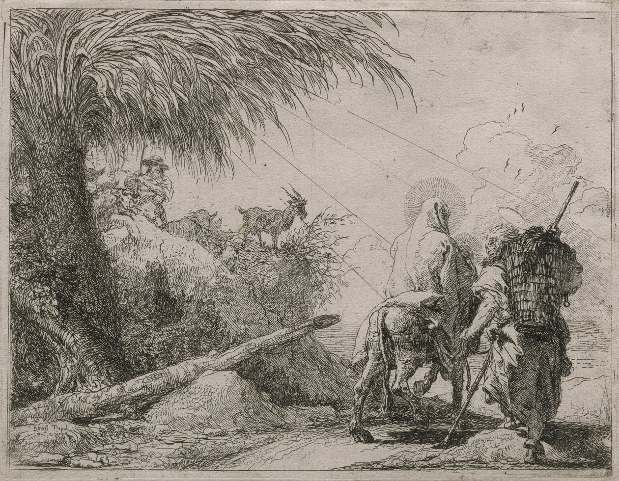 La Sagrada Familia en un camino rocoso, de la serie Idee pittoresche sulla fuga en Egitto (Huida a Egipto) de Giovanni Domenico Tiepolo