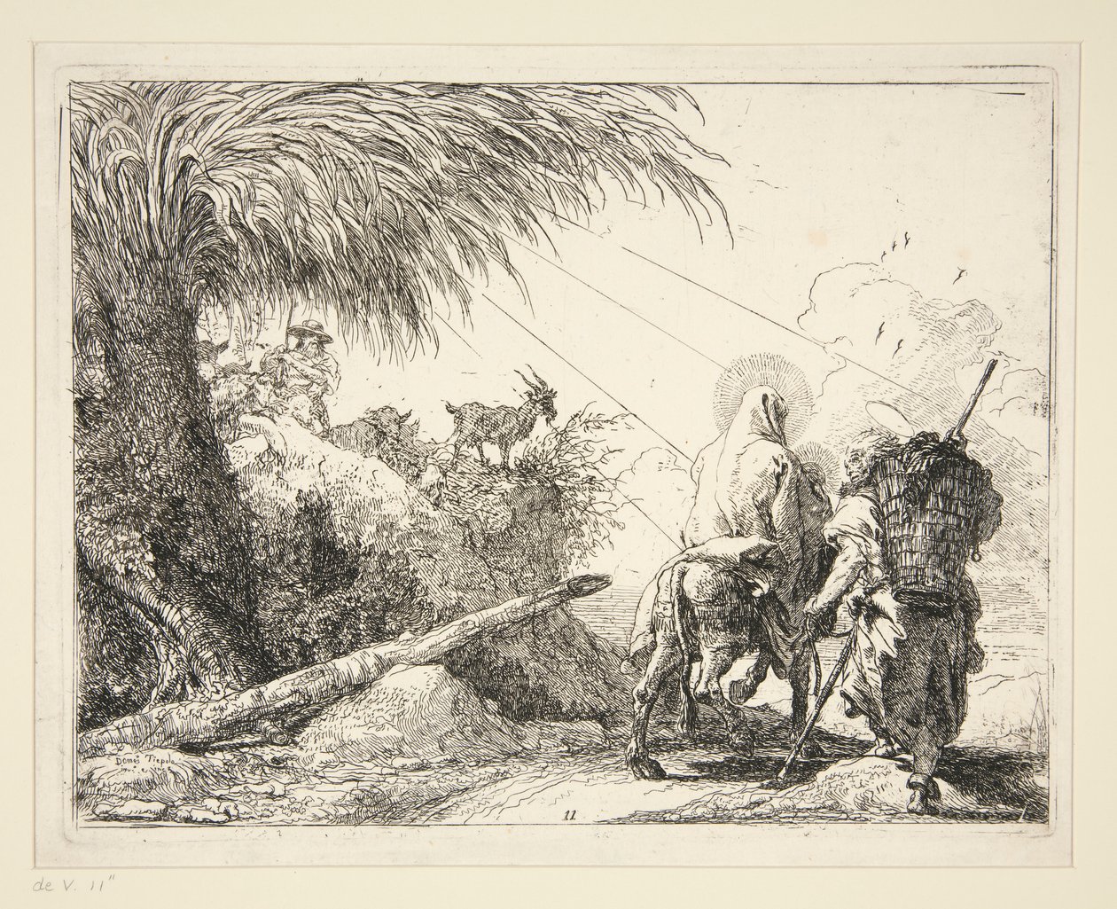 La Sagrada Familia en un camino pedregoso, de la serie Idee pittoresche sulla fuga en Egitto (Huida a Egipto) de Giovanni Domenico Tiepolo