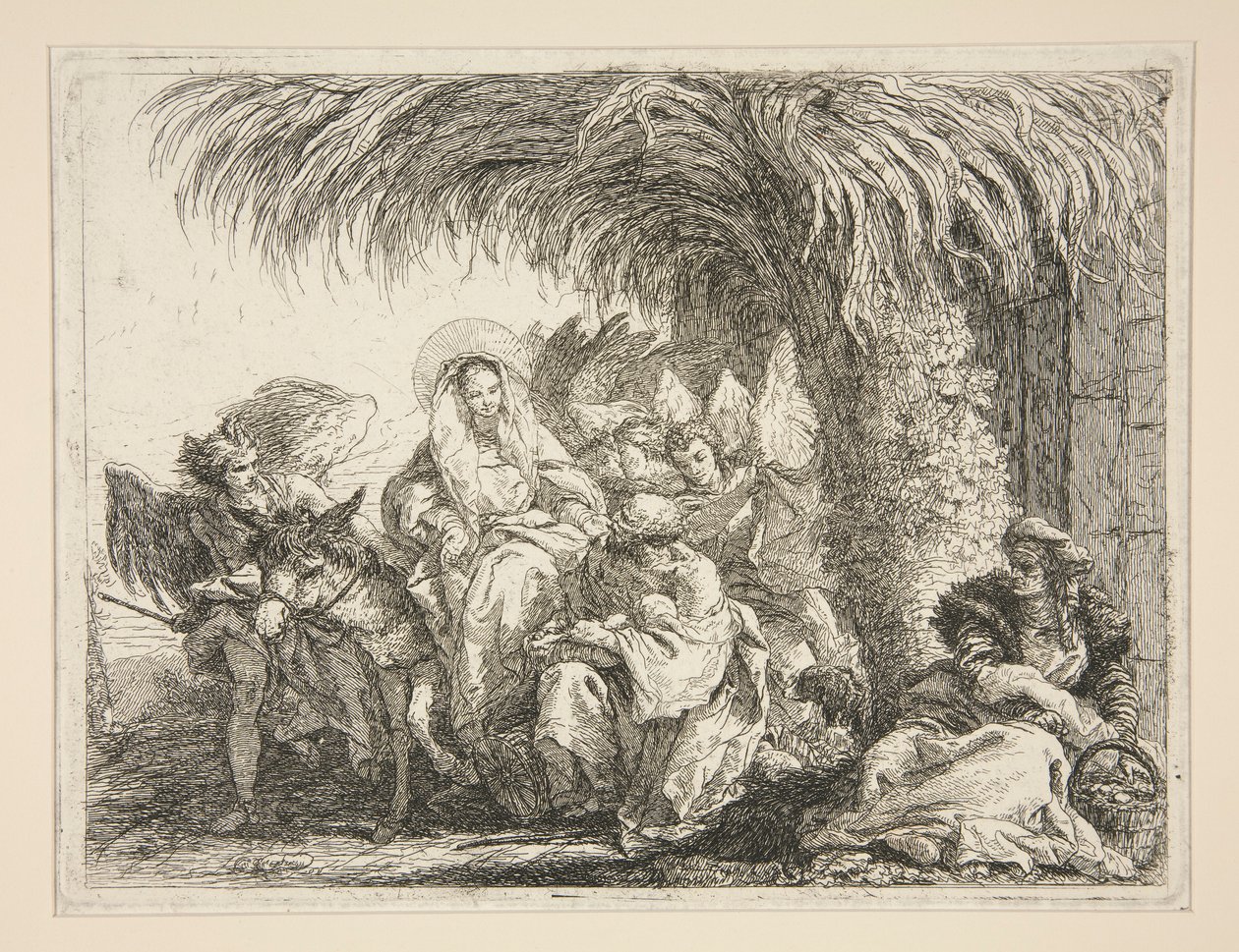 La Sagrada Familia bajo una Palmera, de la serie Idee pittoresche sopra la fuga en Egitto (Huida a Egipto) de Giovanni Domenico Tiepolo