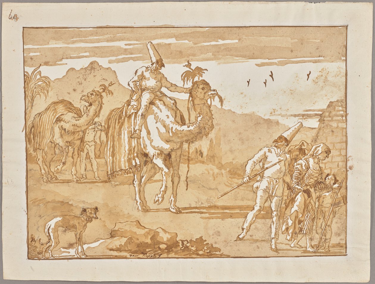 Der Punchinello reitet auf einem Kamel an der Spitze einer Karawane de Giovanni Domenico Tiepolo