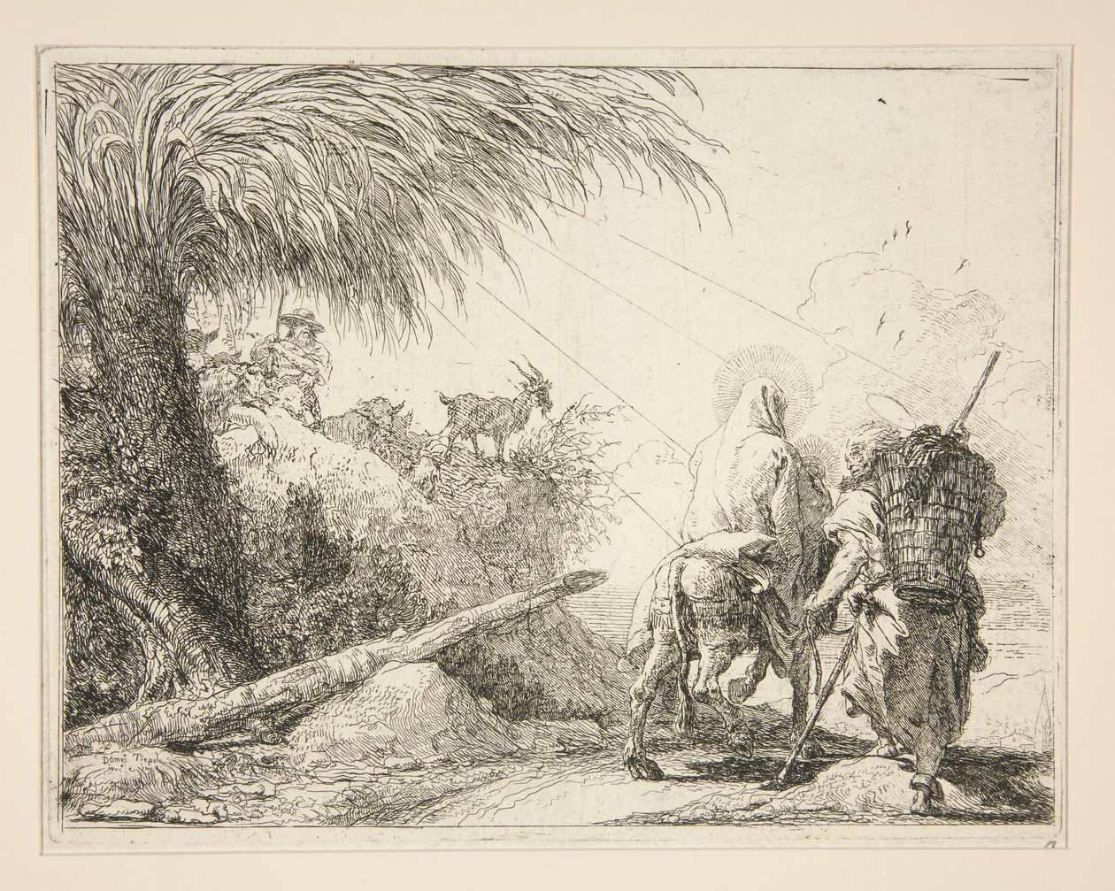 La Virgen, montada en el burro y vista de espaldas, de la serie Idee pittoresche sopra la fuga en Egitto (Huida a Egipto) de Giovanni Domenico Tiepolo