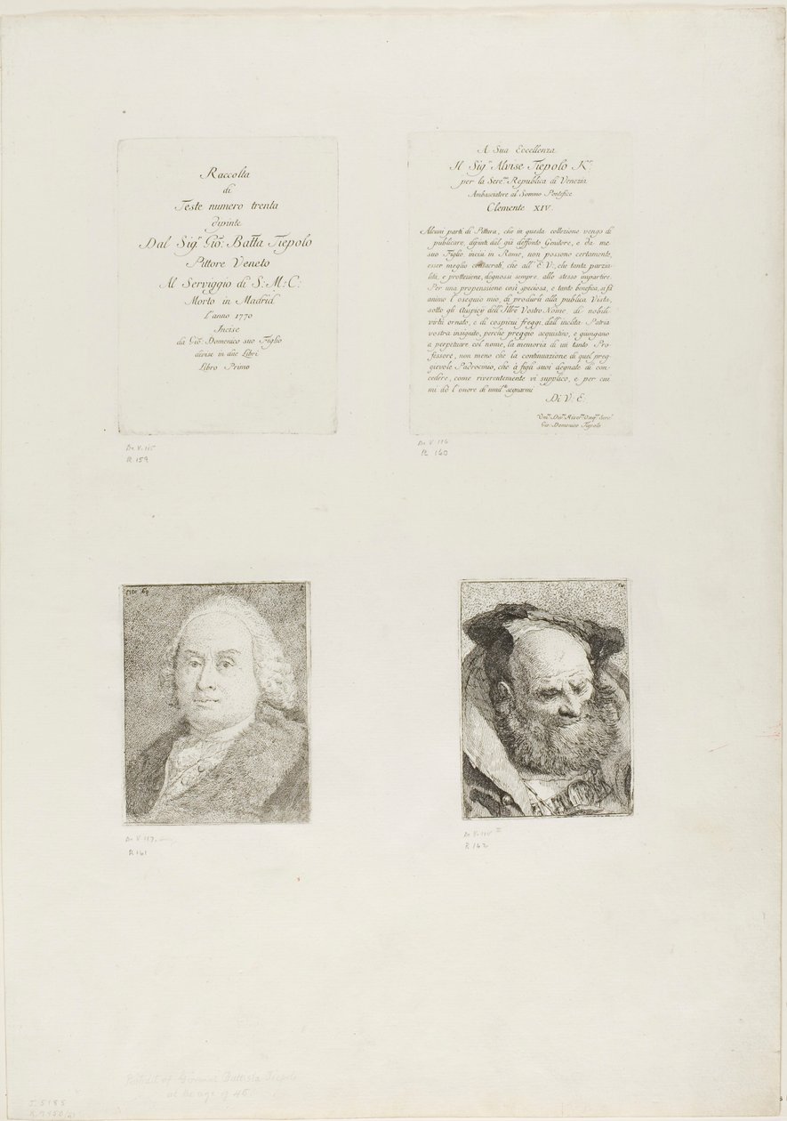 Página de título, dedicación, retrato de Giambattista Tiepolo, anciano barbudo de Giovanni Domenico Tiepolo