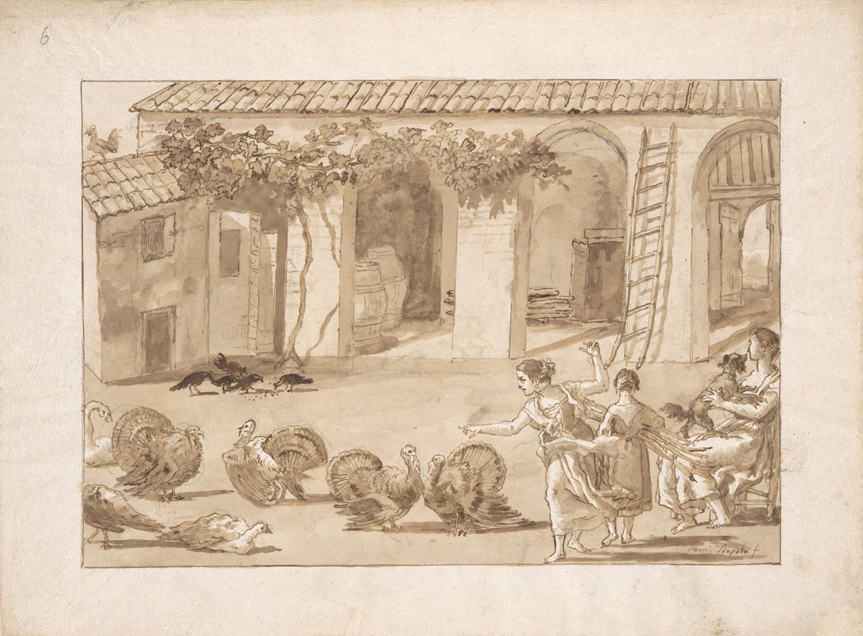 Pavos en un corral veneciano, el tercer dibujo en Tiepolo de Giovanni Domenico Tiepolo