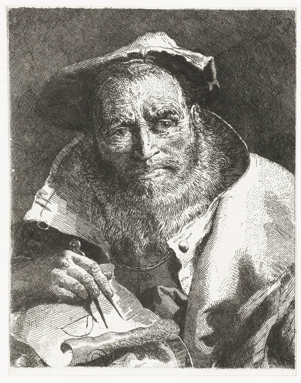 Científico con boina en la cabeza y brújula en mano Colección de cabezas (título de la serie) Raccolta di Teste (título de la serie) de Giovanni Domenico Tiepolo