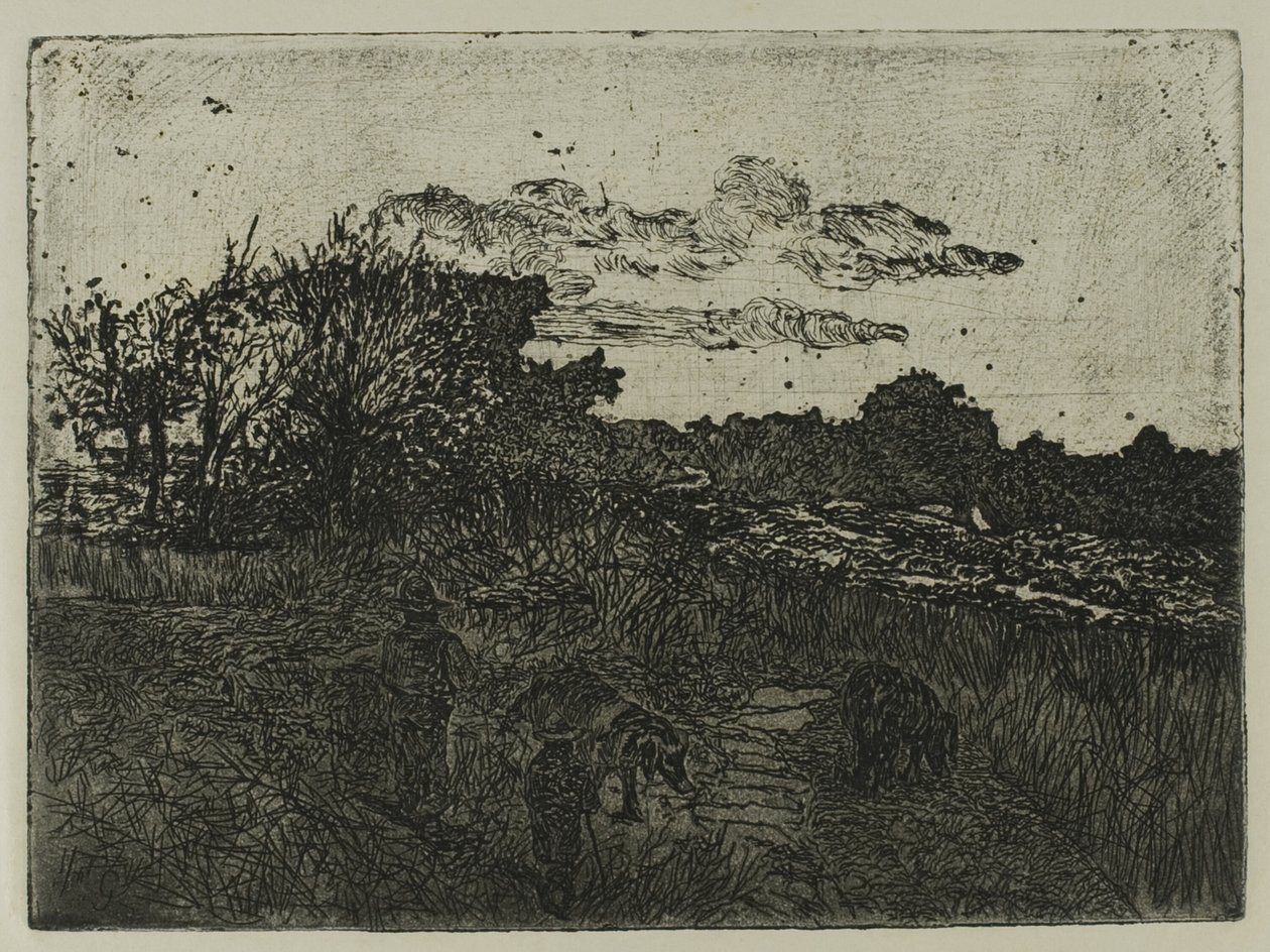 Campo al atardecer con porqueros de Giovanni Fattori