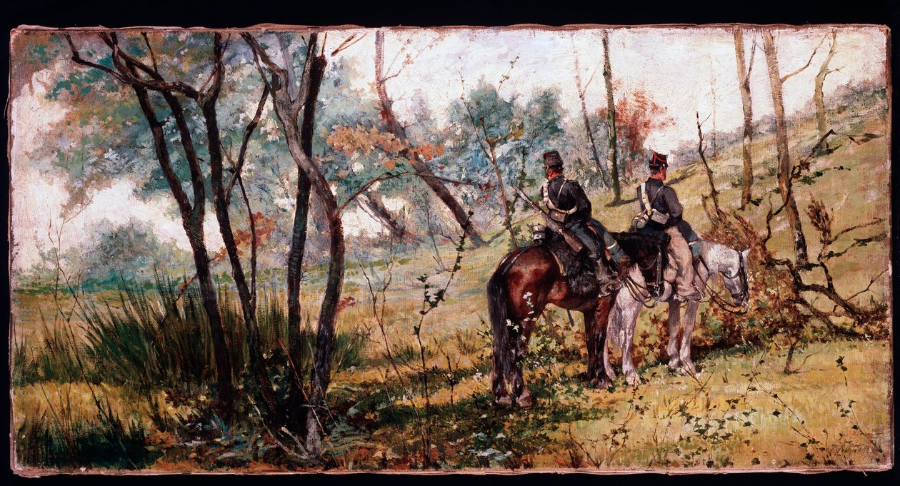 Dos soldados cabalgando bajo los árboles de Giovanni Fattori