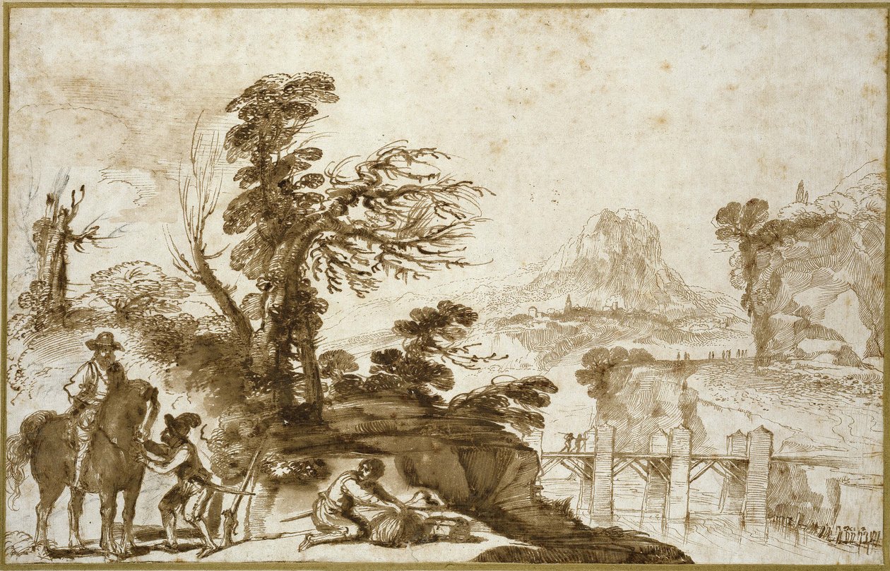 Paisaje con un jinete y un puente de Giovanni Francesco Barbieri