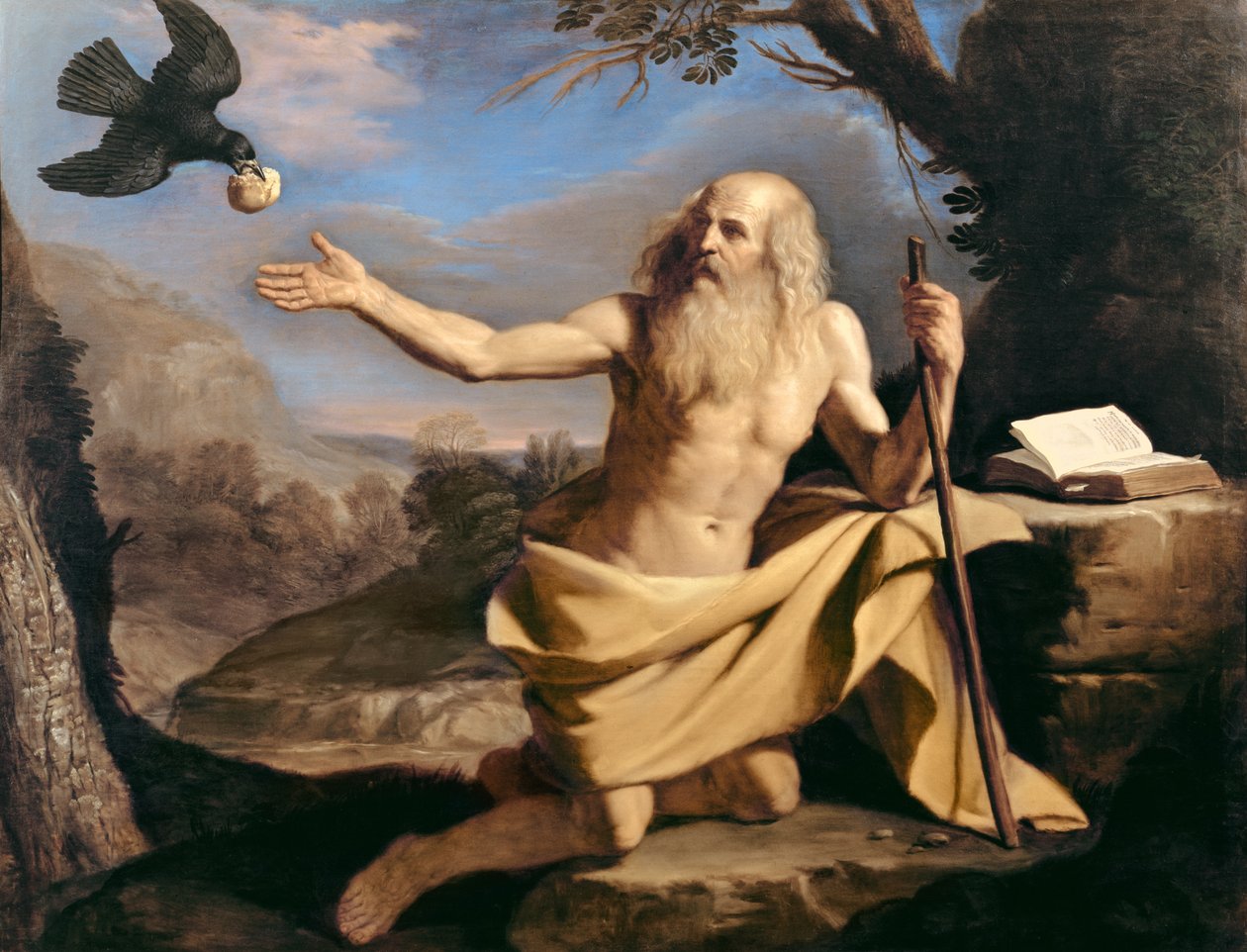San Pablo el Ermitaño siendo alimentado por el cuervo de Giovanni Francesco Barbieri