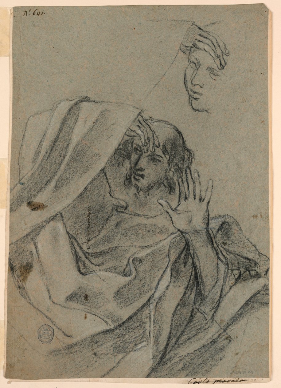 Estudios de dibujo con rostro de mujer y hombre reclinado, y mano derecha con antebrazo de Giovanni Francesco Barbieri