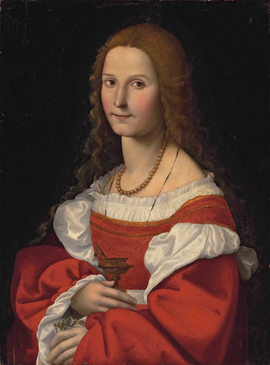 Retrato de una dama como María Magdalena, de medio cuerpo, con vestido rojo y collar de perlas de Giovanni Francesco Caroto