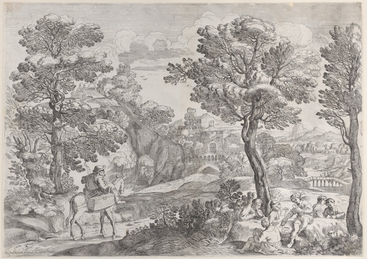 Un grupo de personas jugando a las cartas a la derecha y un hombre a caballo a la izquierda de Giovanni Francesco Grimaldi