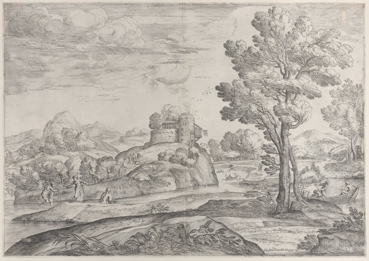 Casa en la cima de una roca redonda en el centro, personas en el río y en canoas, 1626-80 de Giovanni Francesco Grimaldi