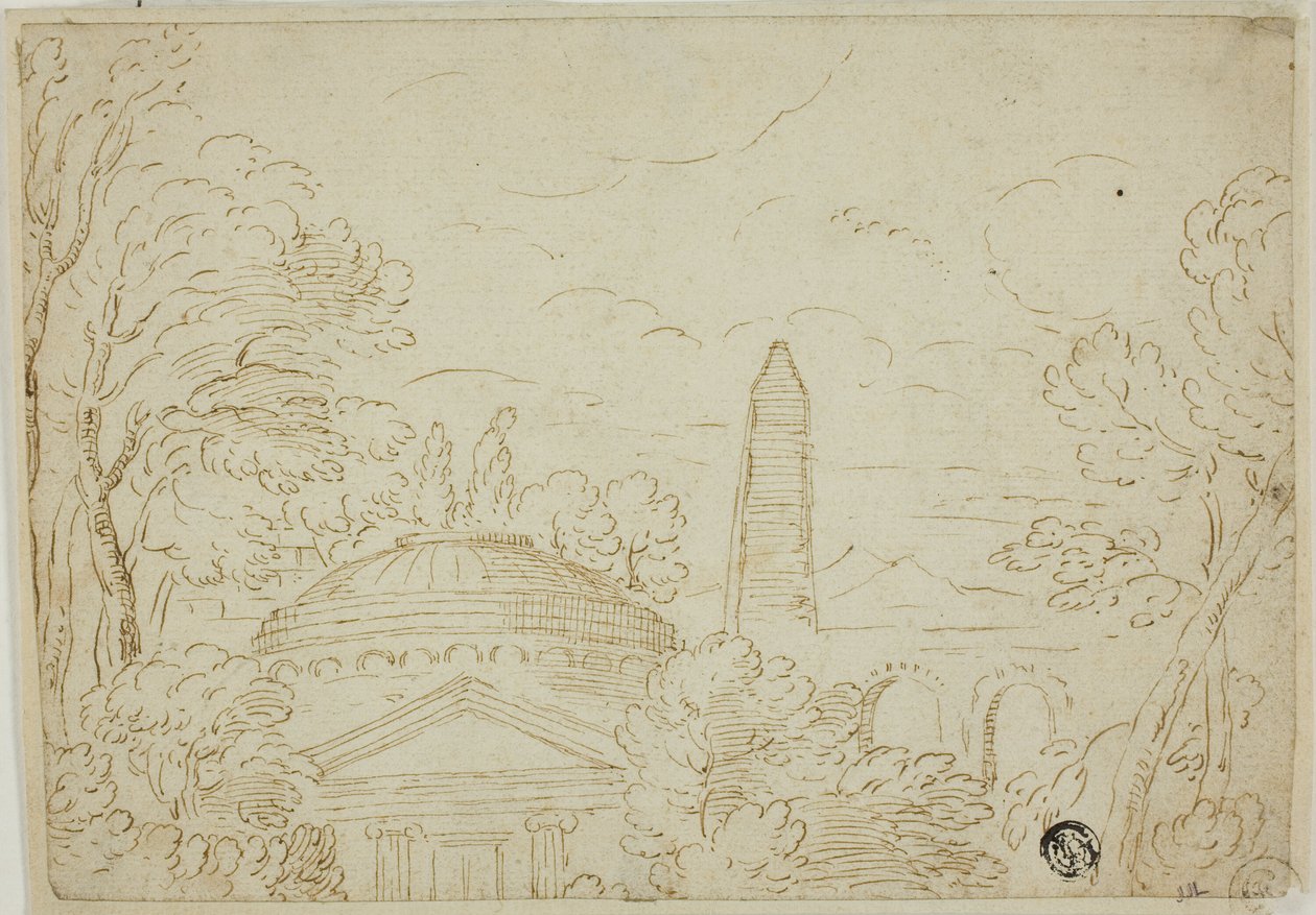 Paisaje con templo, obelisco y acueducto de Giovanni Francesco Grimaldi