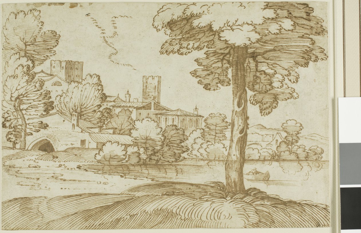 Paisaje con un gran árbol a la derecha y una vista lejana de un pueblo a la izquierda de Giovanni Francesco Grimaldi