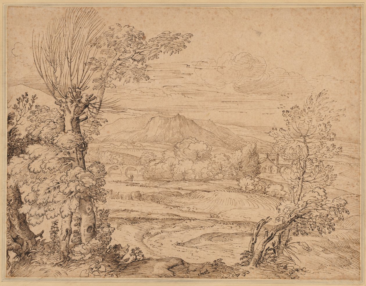 Paisaje con un río y acueducto, mediados de 1600 de Giovanni Francesco Grimaldi