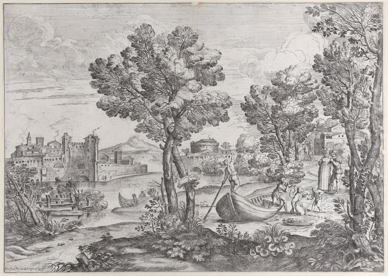Paisaje con un hombre sosteniendo una serpiente a un niño aterrorizado, observado por una vestida a la moda..., 1626-80 de Giovanni Francesco Grimaldi
