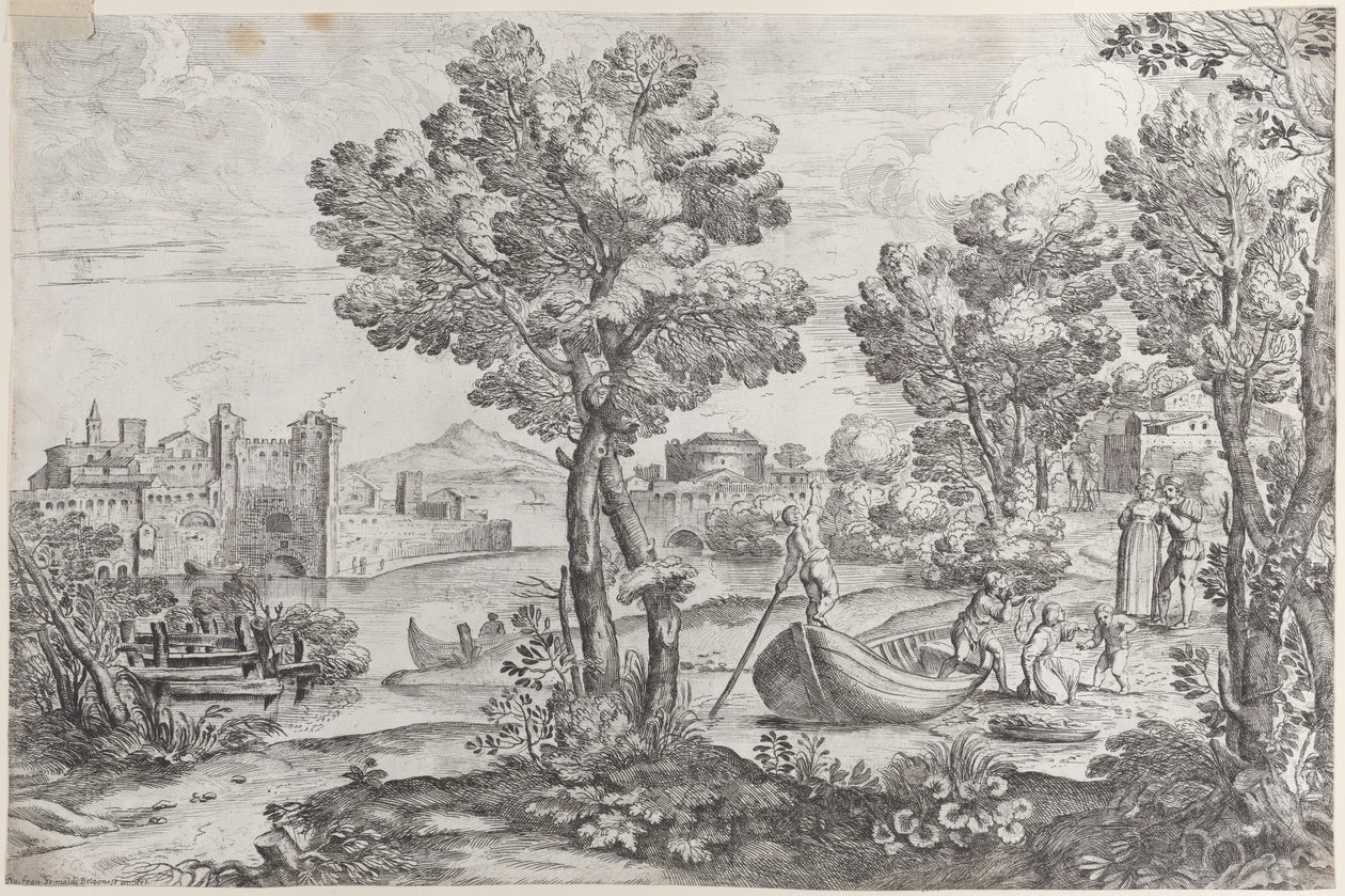 Paisaje con un hombre sosteniendo una serpiente a un niño aterrorizado de Giovanni Francesco Grimaldi