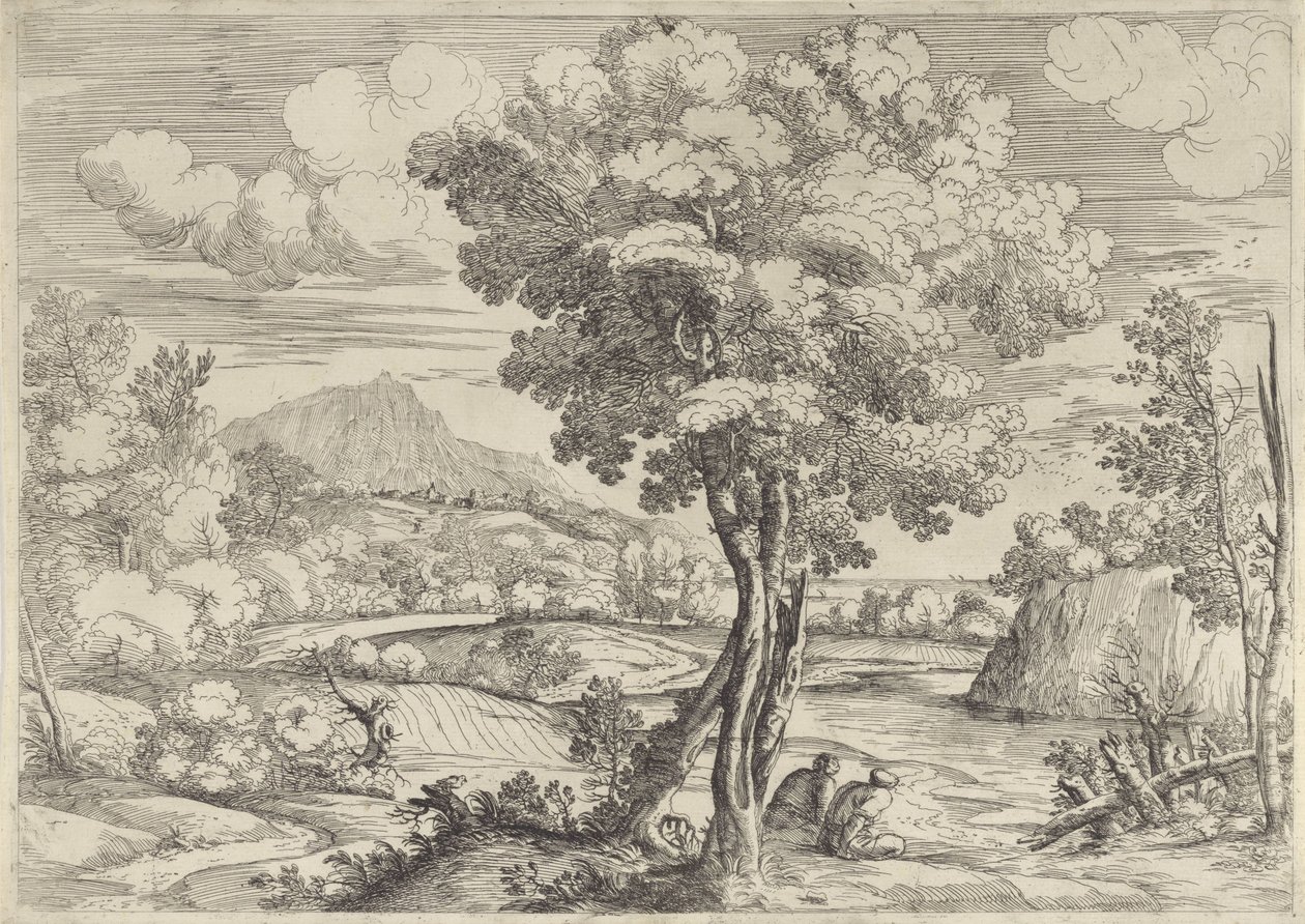 Paisaje con pájaro en tocón de Giovanni Francesco Grimaldi