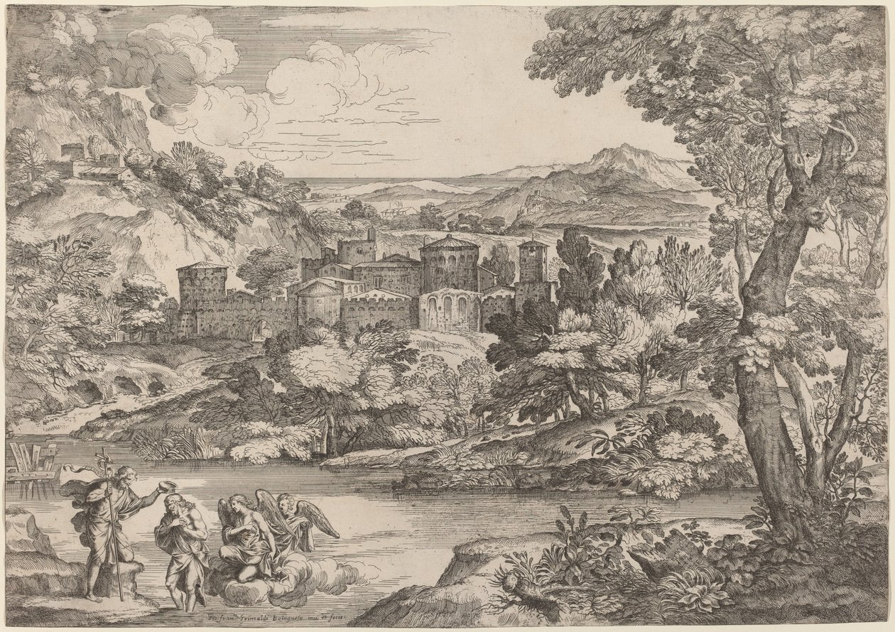 El bautismo de Cristo, en un paisaje montañoso de Giovanni Francesco Grimaldi