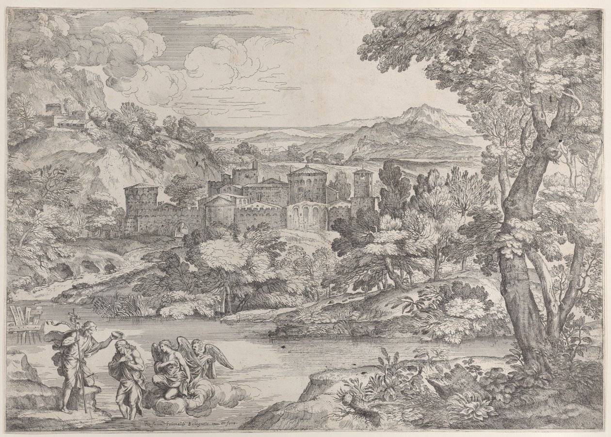 El bautismo de Cristo en la parte inferior izquierda, dentro de un paisaje, 1626-80 de Giovanni Francesco Grimaldi