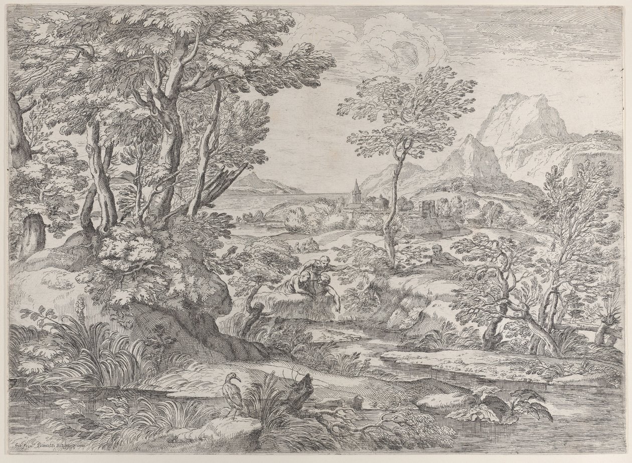 Tres niños en un paisaje con una ciudad al fondo, 1626-80 de Giovanni Francesco Grimaldi