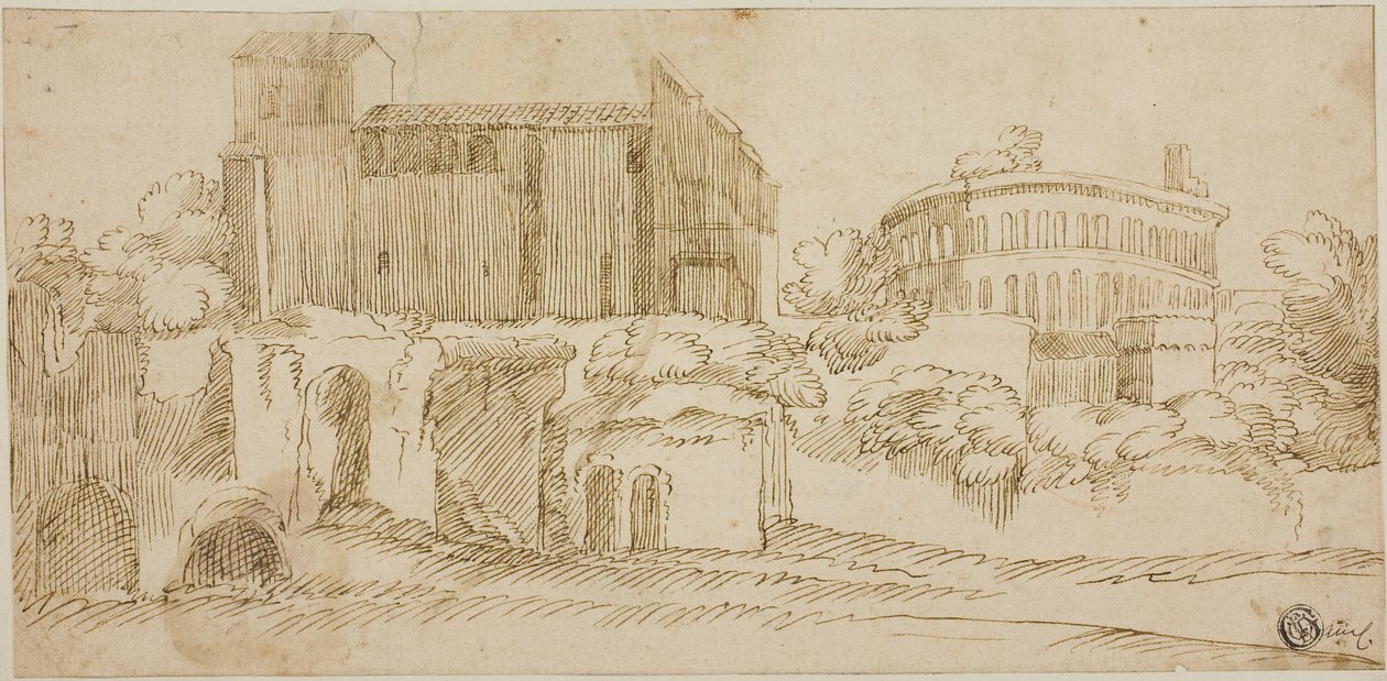 Vista de la iglesia y las ruinas de Giovanni Francesco Grimaldi