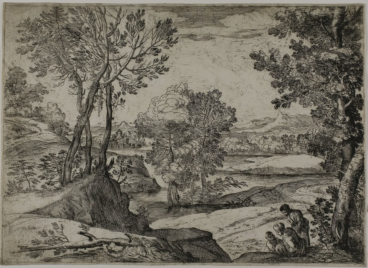 Mujer, Su Hijo y un Hombre de Pie en un Paisaje de Giovanni Francesco Grimaldi