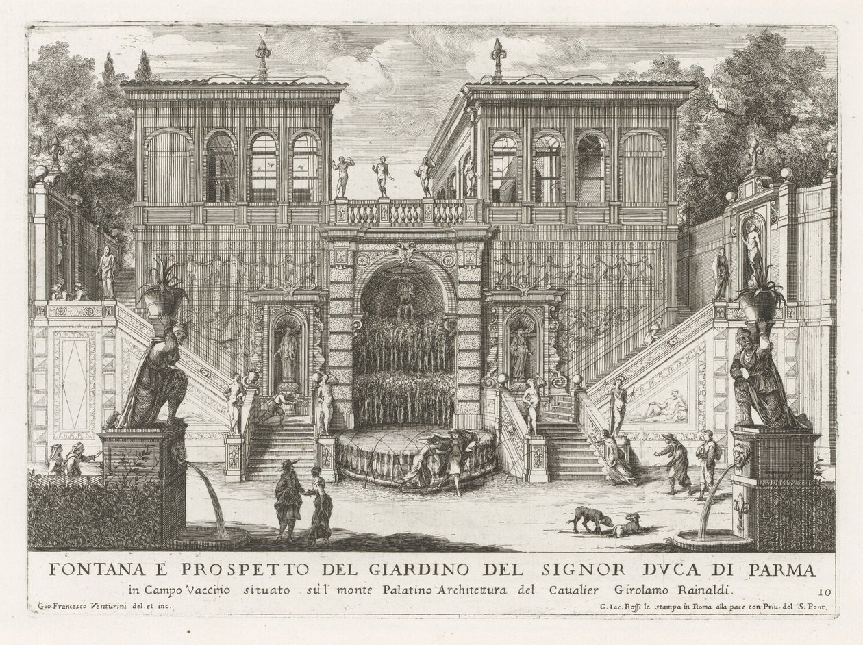 Farnesische Tuinen te Roma Fuente y alzado del jardín del Duque de Parma (...) (título sobre objeto) Las fuentes en los palacios y jardines de Roma (título de la serie) Fonteinen in de paleizen en tuinen van Rome (título de la serie) de Giovanni Francesco Venturini