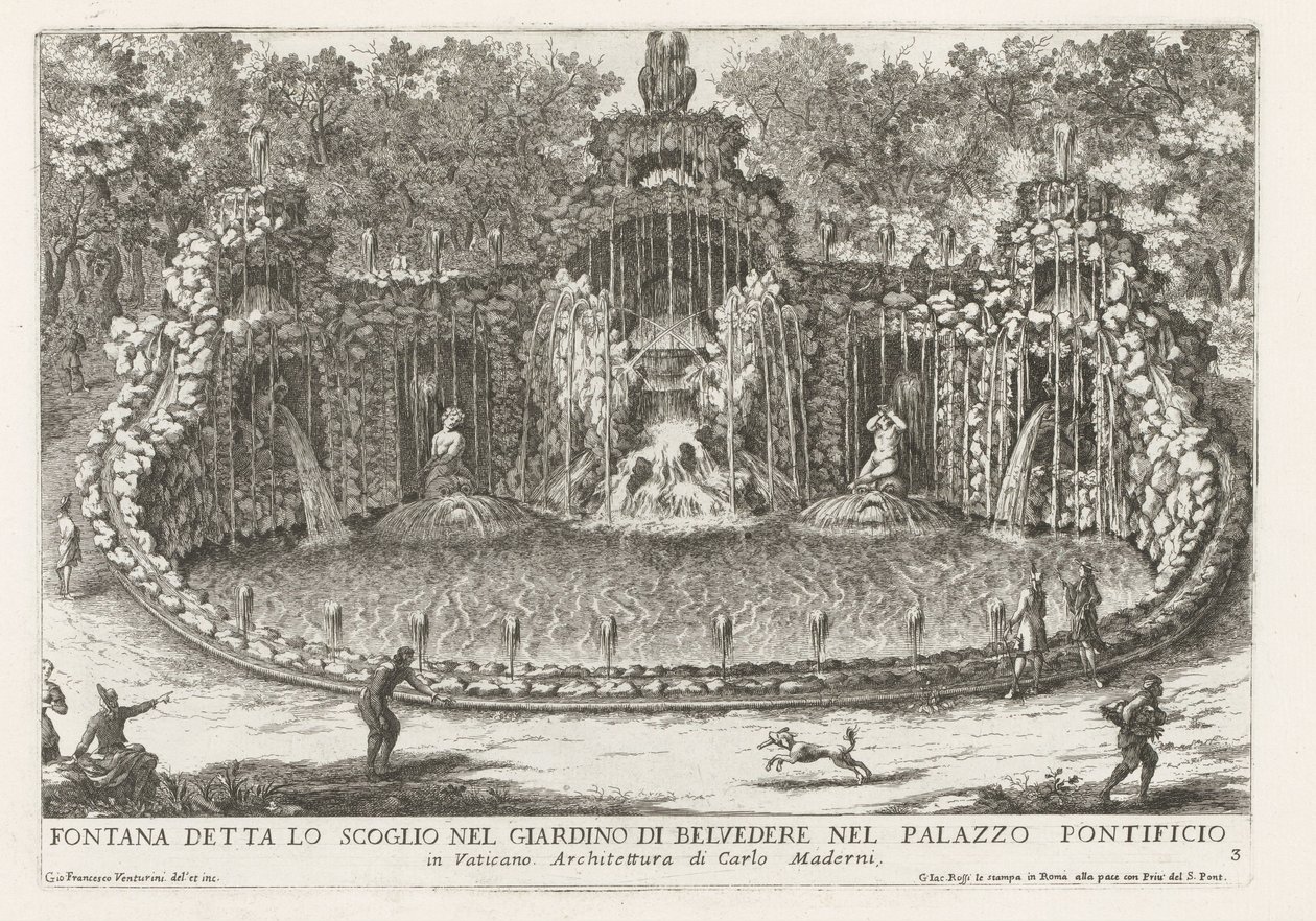 Fuente de la cometa en de Vaticaanse tuinen Fuente llamada la roca en el jardín de Belvedere en el Palacio Papal (...) (título sobre objeto) Las fuentes en los palacios y jardines de Roma (título de la serie) Fonteinen in de paleizen en tuinen van Rome (se de Giovanni Francesco Venturini