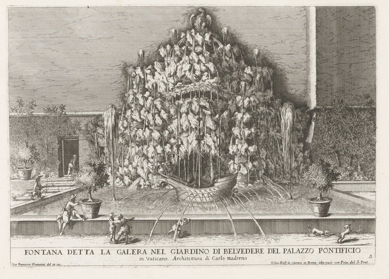 Fuente de la Galera en de Vaticaanse tuinen Fuente llamada la galera en el jardín de Belvedere del Palacio Papal (...) (título sobre objeto) Las fuentes en los palacios y jardines de Roma (título de la serie) Fonteinen in de paleizen en tuinen van Rome (se de Giovanni Francesco Venturini