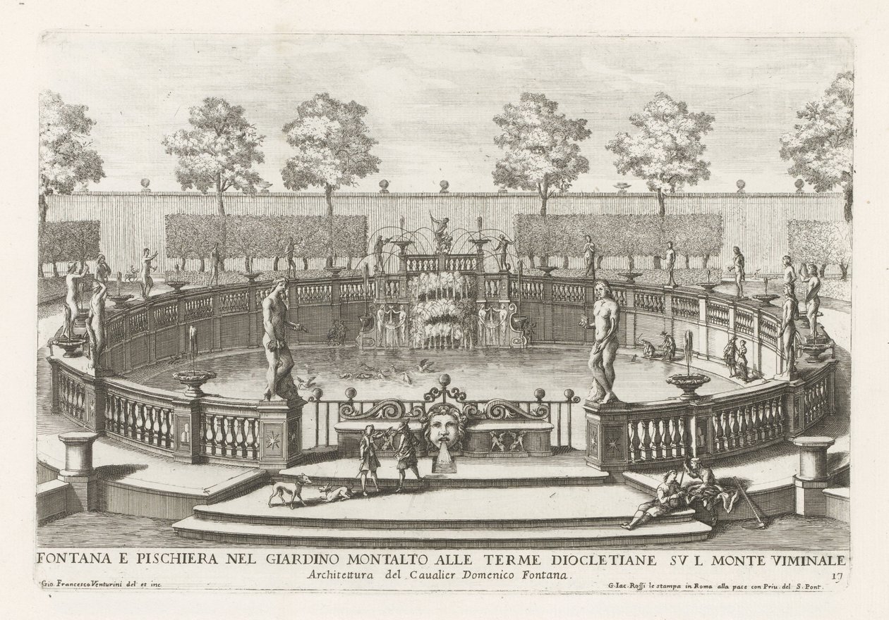 Fuente y estanque de peces en los jardines de Villa Montalto en Roma Fontana e pischiera nel giardino Montalto alle Terme Diocletiane (...) (título sobre el objeto) Le fontane ne palazzi e ne giardini di Roma (título de la serie) Fuentes en los palacios y  de Giovanni Francesco Venturini