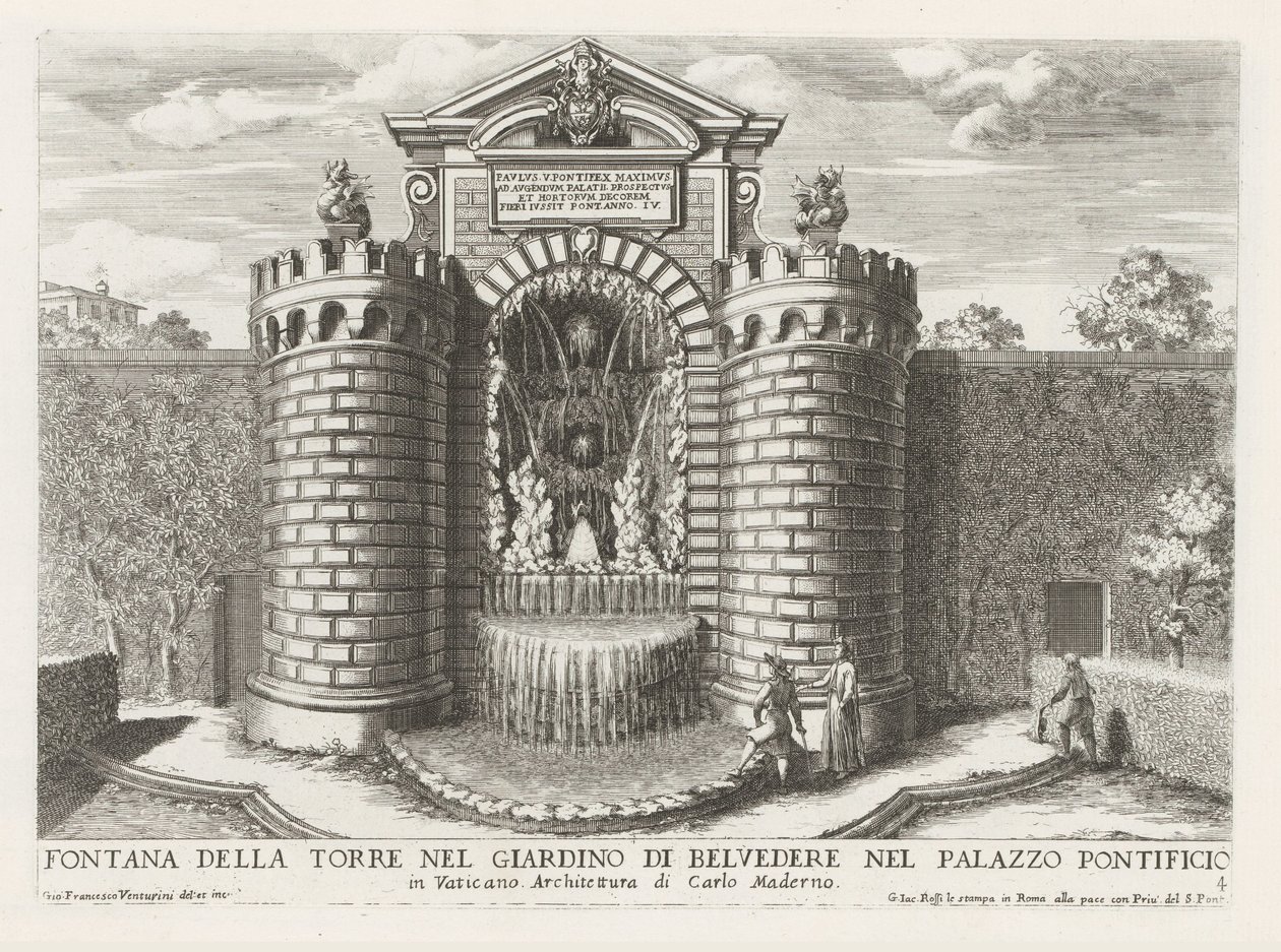 Fontein in de Vaticaanse tuinen Fuente de la torre en el jardín de Belvedere en el Palacio Papal (...) (título sobre objeto) Las fuentes en los palacios y jardines de Roma (título de la serie) Fonteinen in de paleizen en tuinen van Rome (título de la serie de Giovanni Francesco Venturini
