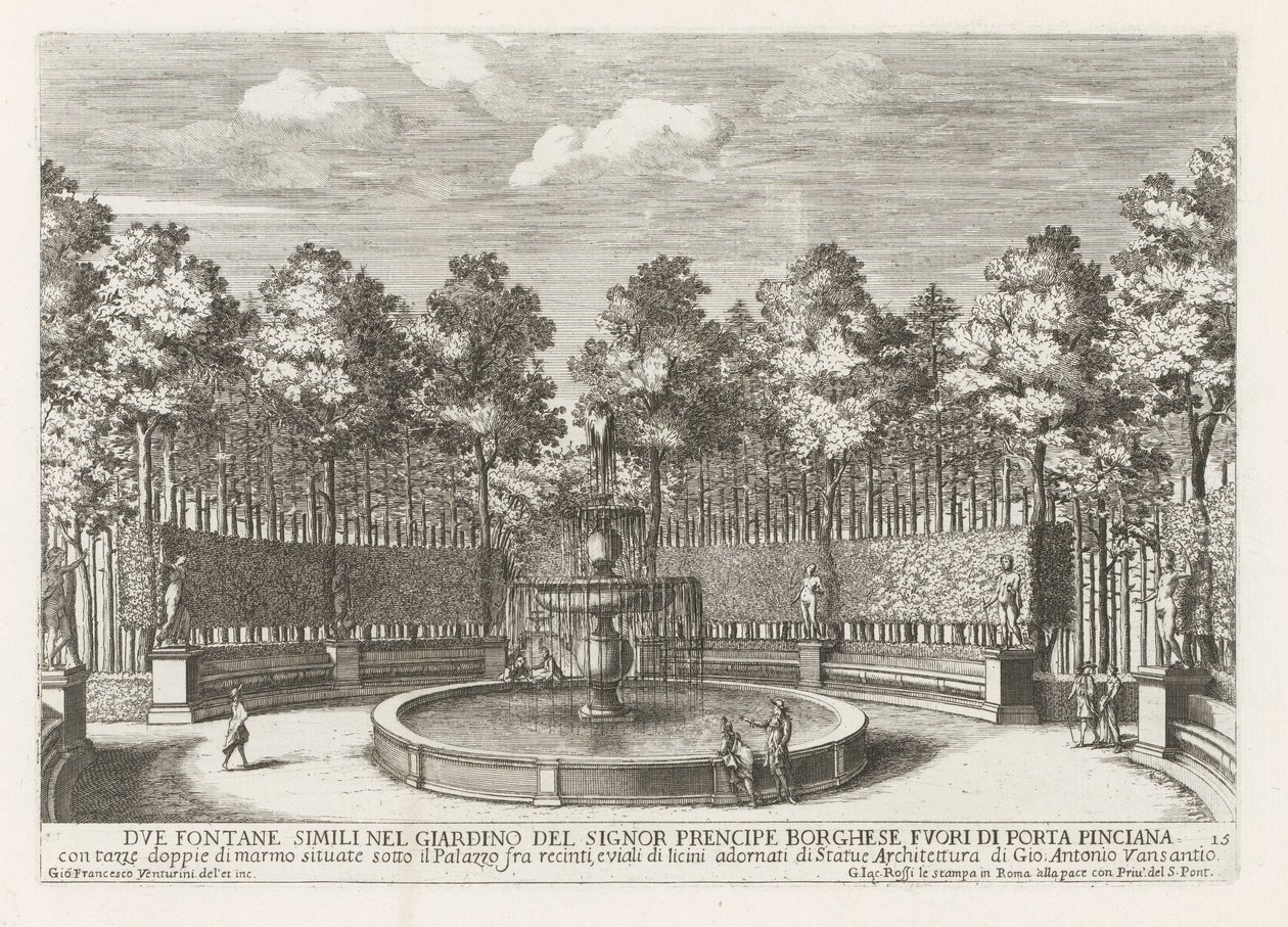 Fontein de Villa Borghese en Roma Dos fuentes similares en el jardín del Signor prencipe Borghese (...) (título sobre el objeto) Las fuentes en los palacios y jardines de Roma (título de la serie) Fonteinen in de paleizen en tuinen van Rome (título de la s de Giovanni Francesco Venturini