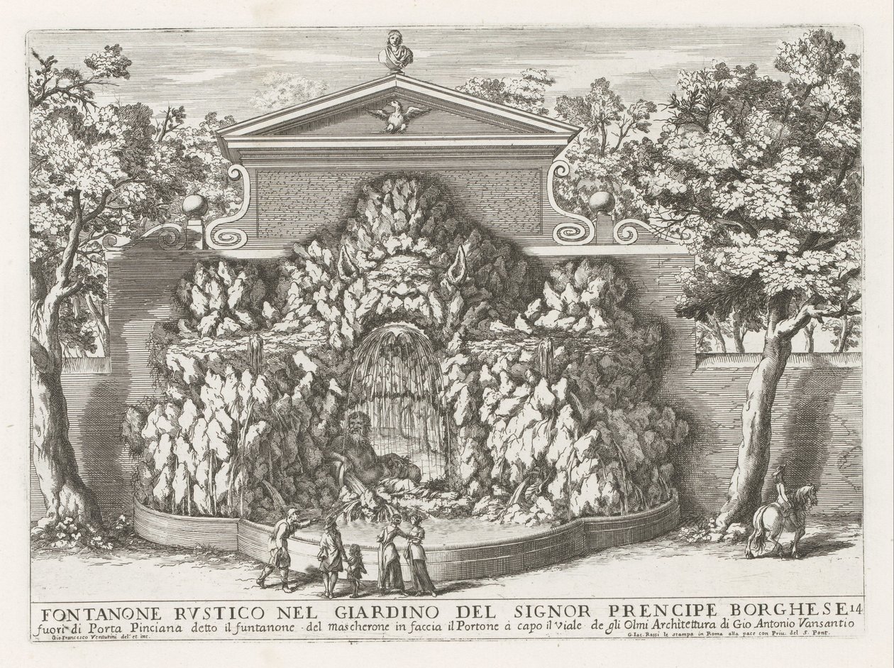Fontein de Villa Borghese en Roma Fuente rústica en el jardín del Sr. prencipe Borghese (...) (título sobre objeto) Las fuentes en los palacios y jardines de Roma (título de la serie) Fonteinen in de paleizen en tuinen van Rome (título de la serie) de Giovanni Francesco Venturini
