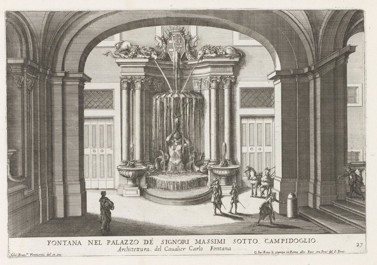 Fontein in de binnenplaats van het Palazzo Massimo di Rignano te Rome Fuente en el Palazzo de Signori Massimi bajo el Campidoglio (título sobre el objeto) Las fuentes en los palacios y jardines de Roma (título de la serie) Fonteinen in de paleizen en tuine de Giovanni Francesco Venturini
