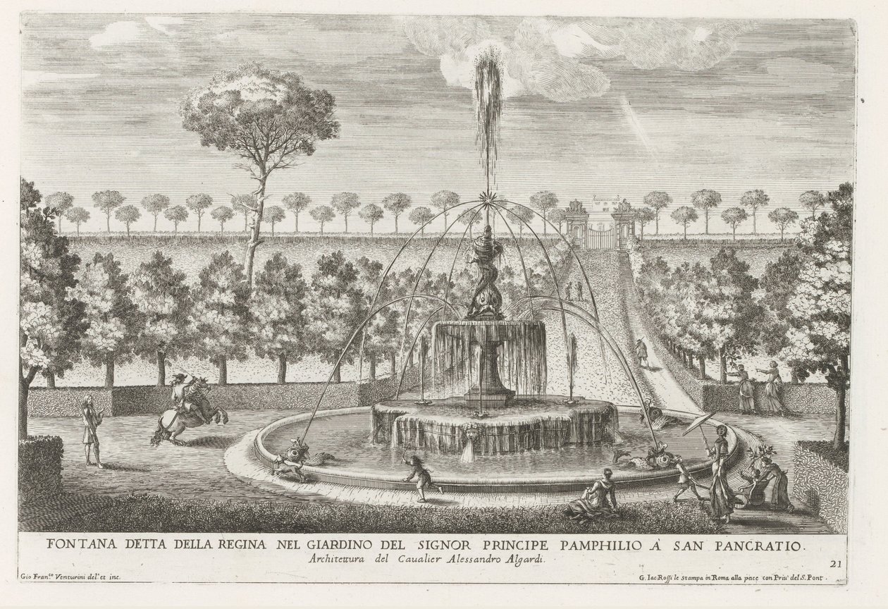 Fontein in de tuinen van Villa Doria Pamphilj te Rome Fuente conocida como la Reina en el jardín del Príncipe Pamphilio en San Pancratio (título sobre objeto) Las fuentes en los palacios y jardines de Roma (título de la serie) Fonteinen in de paleizen en t de Giovanni Francesco Venturini