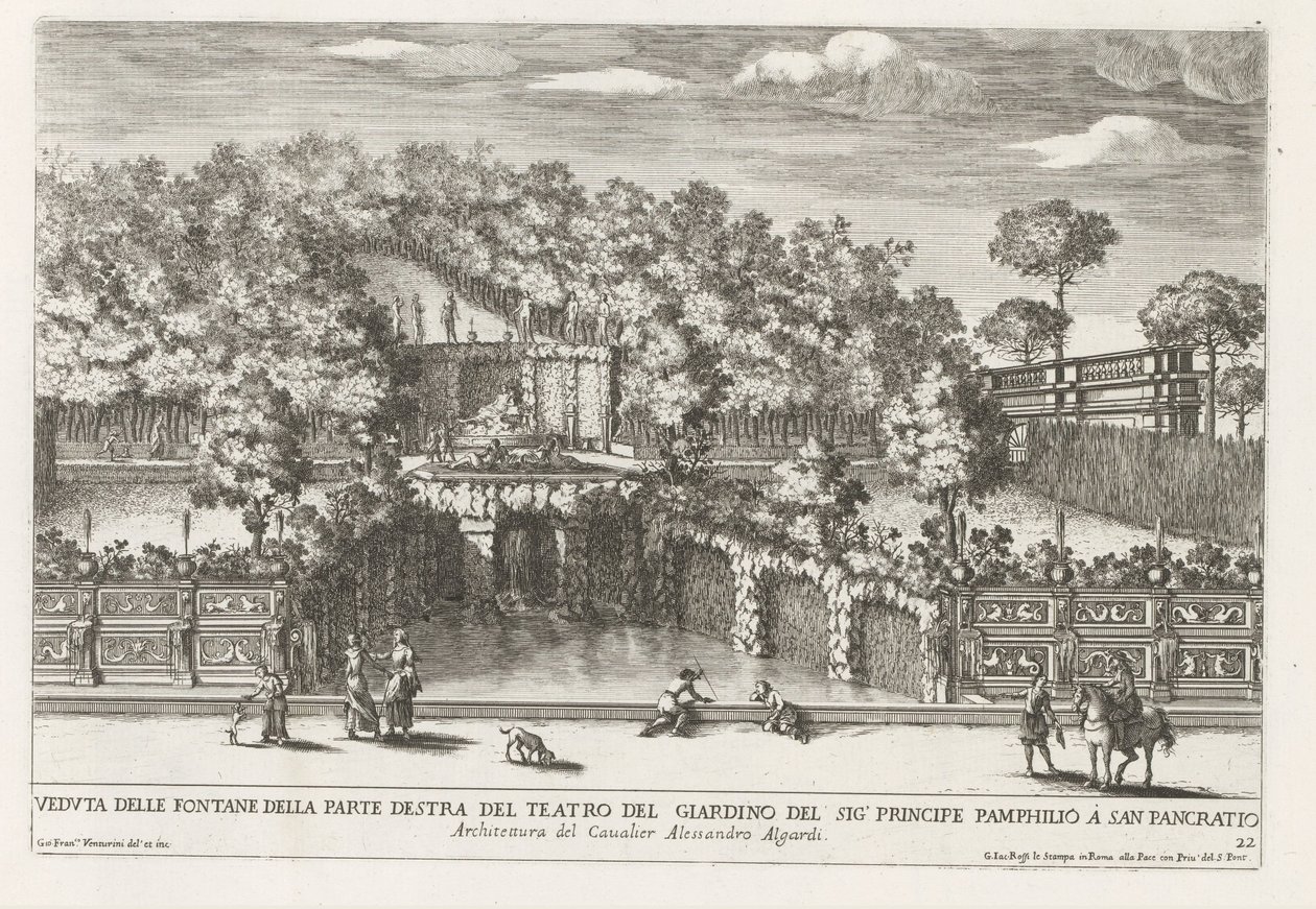Fontein in de tuinen van Villa Doria Pamphilj te Rome Vista de las fuentes del lado derecho del teatro del jardín (...) (título sobre objeto) Las fuentes en los palacios y jardines de Roma (título de la serie) Fonteinen in de paleizen en tuinen van Rome (s de Giovanni Francesco Venturini