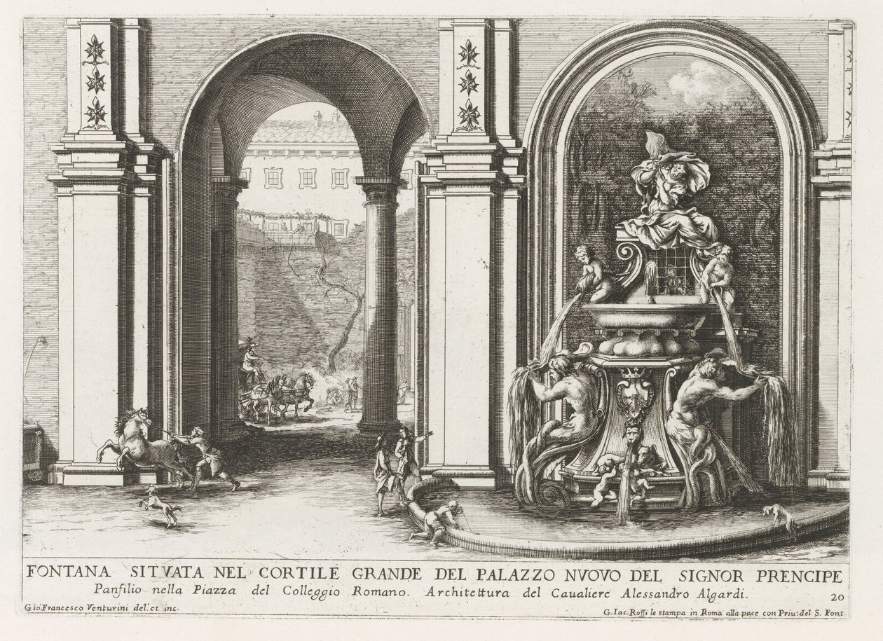 Fontein en een binnenplaats van het Palazzo Doria Pamphilj te Rome Fuente ubicada en el gran patio del Palazzo Nuovo del Signor prencipe (...) (título sobre objeto) Las fuentes en los palacios y jardines de Roma (título de la serie) Fonteinen in de paleize de Giovanni Francesco Venturini